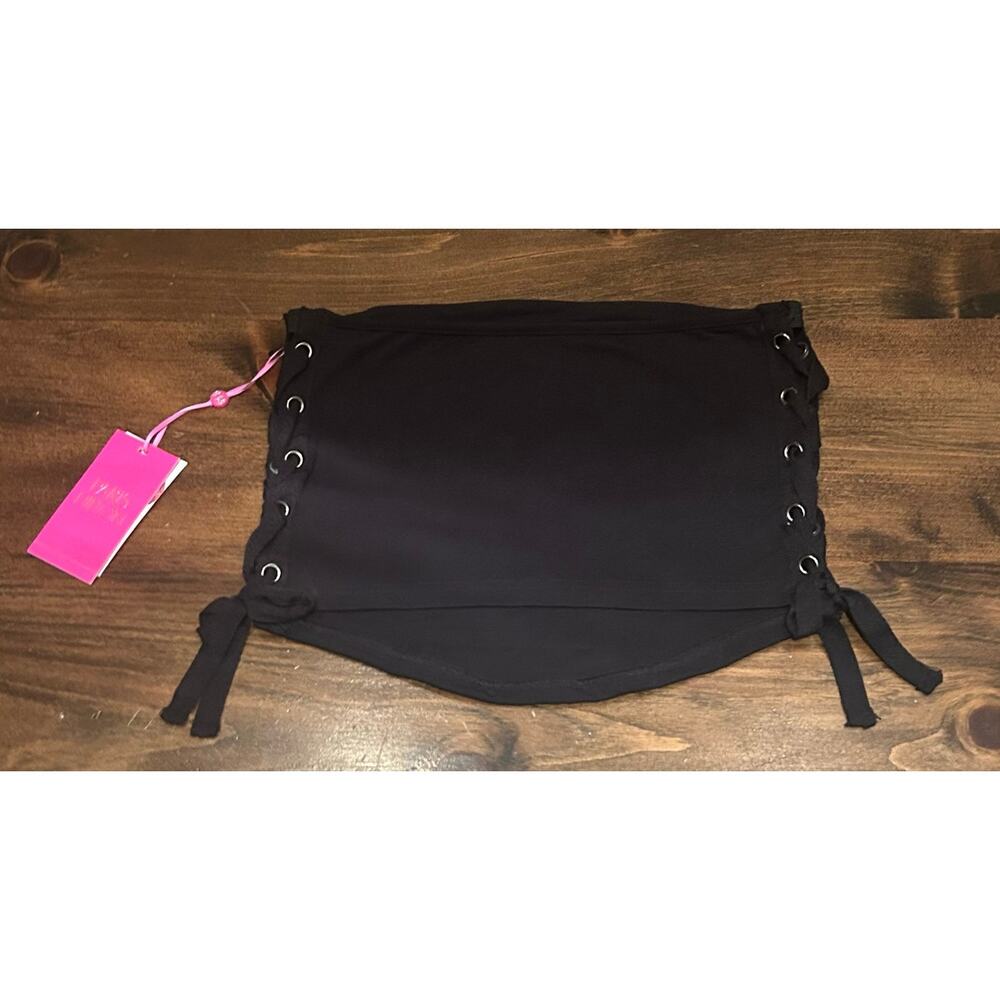 Paris Hilton Sliving Mobile Bandeau Top Women L Black NEW Lace Up Side Graphic - Picture 3 of 5